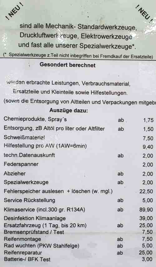 KFZ Selbsthilfewerkstatt Eutritzsch Preisliste